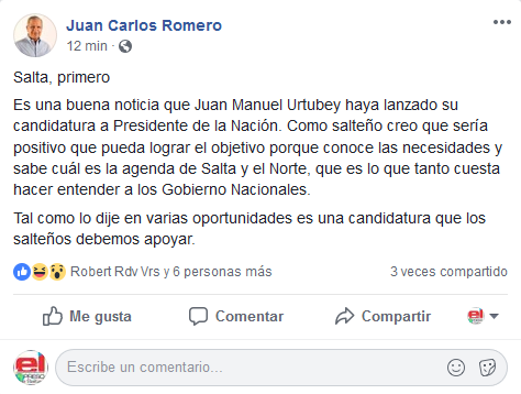 Romero apoya a Urtubey
