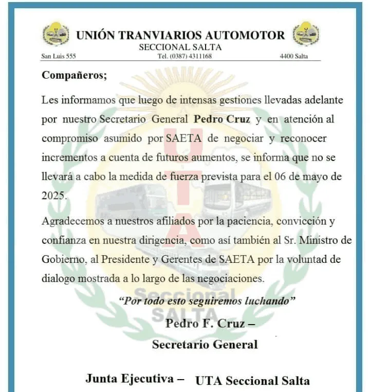 UTA Salta levanta el paro