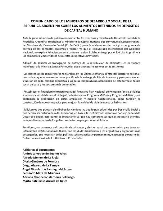ALIMENTOS ministros provinciales del área social piden que se repartan a Pettovello