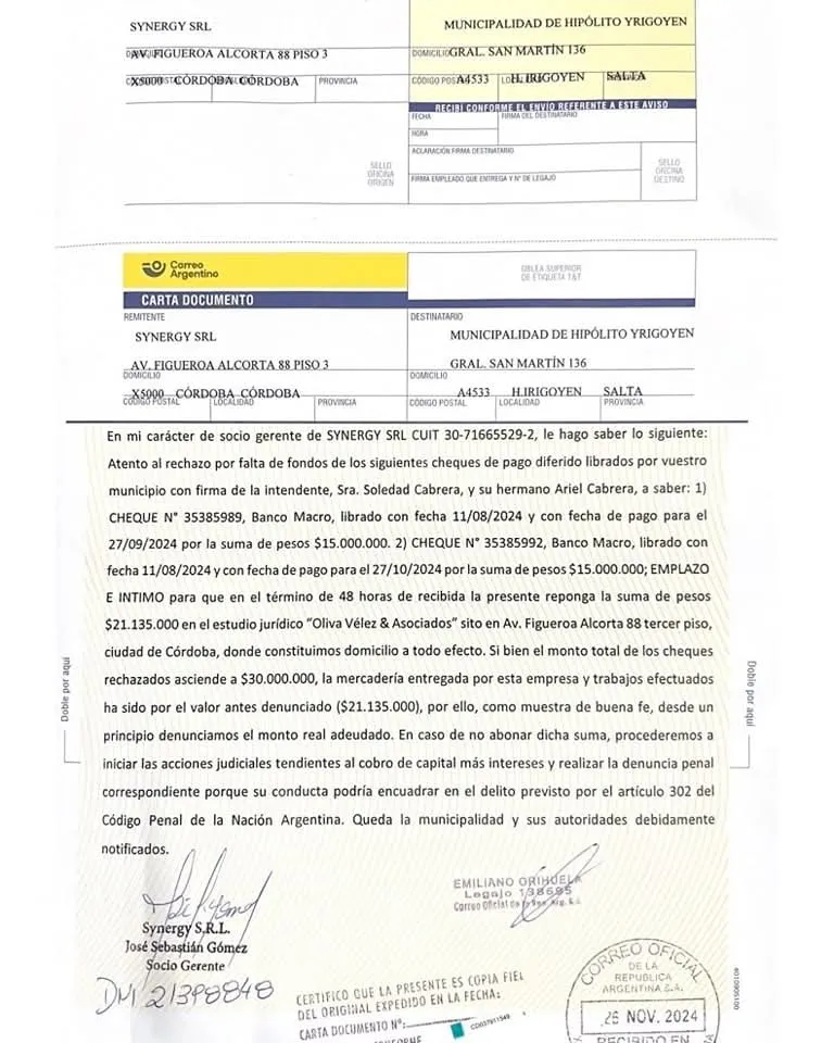 Hipólito Yrigoyen- la intendenta de los cheques voladores