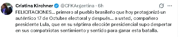 Cristina saludó a Lula