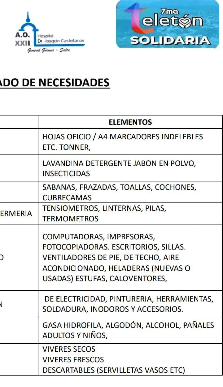 GRAL GUEMES lo que necesita el hospital