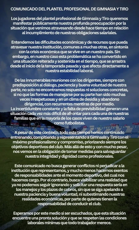 Comunicado de los jugadores de Gimnasia y Tiro